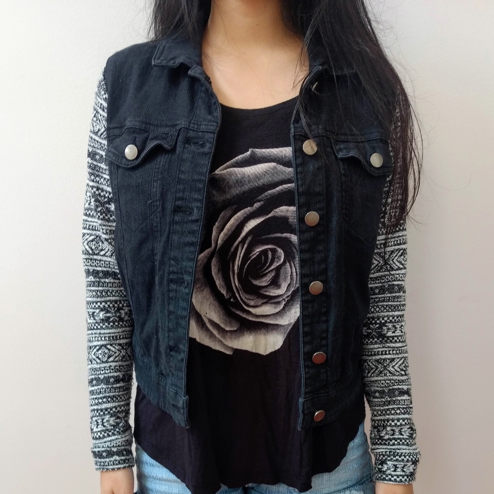 Black Denim Jacket Patterned Contrast Sleeves